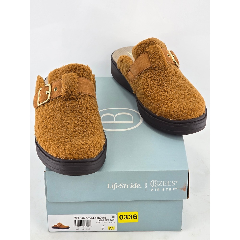 Bzees LifeStride Vibe-Cozy Mules Womens 9 Honey Brown Faux Fur Clogs - NEW